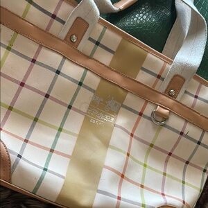 Coach Cream and Tan Plaid Tote Bag